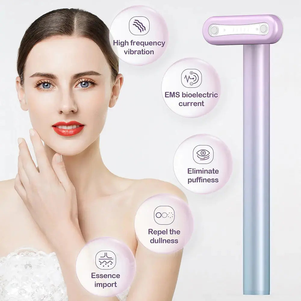 Allebuy red light therapy lights device in pink and blue with benefits like high frequency vibration and eliminating puffiness