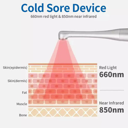 Cold sore device using 660nm red light and 850nm near infrared for red-light therapy on skin layers