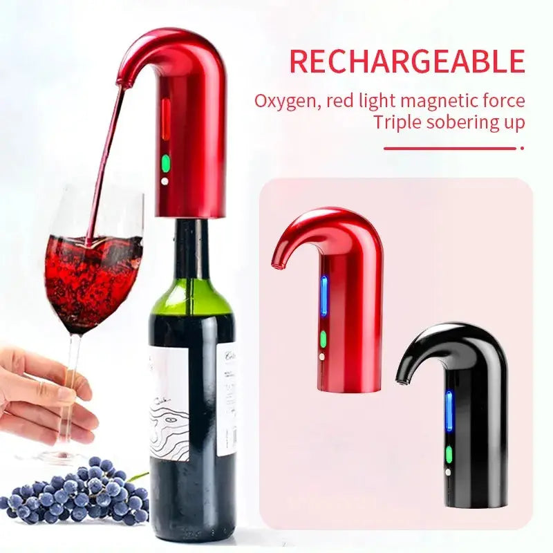 Rechargeable red and black dispenser for wine with oxygen and red light magnetic force pouring wine into glass