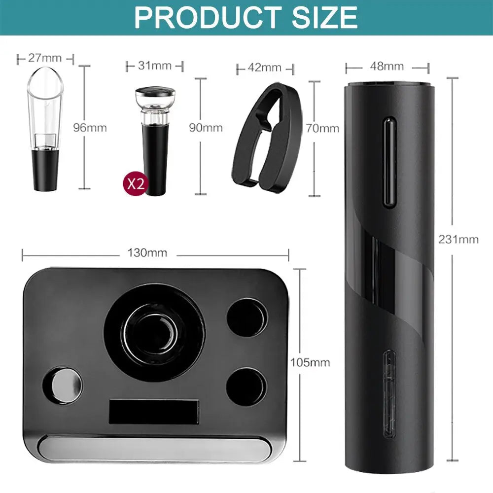 Allebuy electric wine opener set showing product size with accessories demonstrating how to open wine with a bottle opener