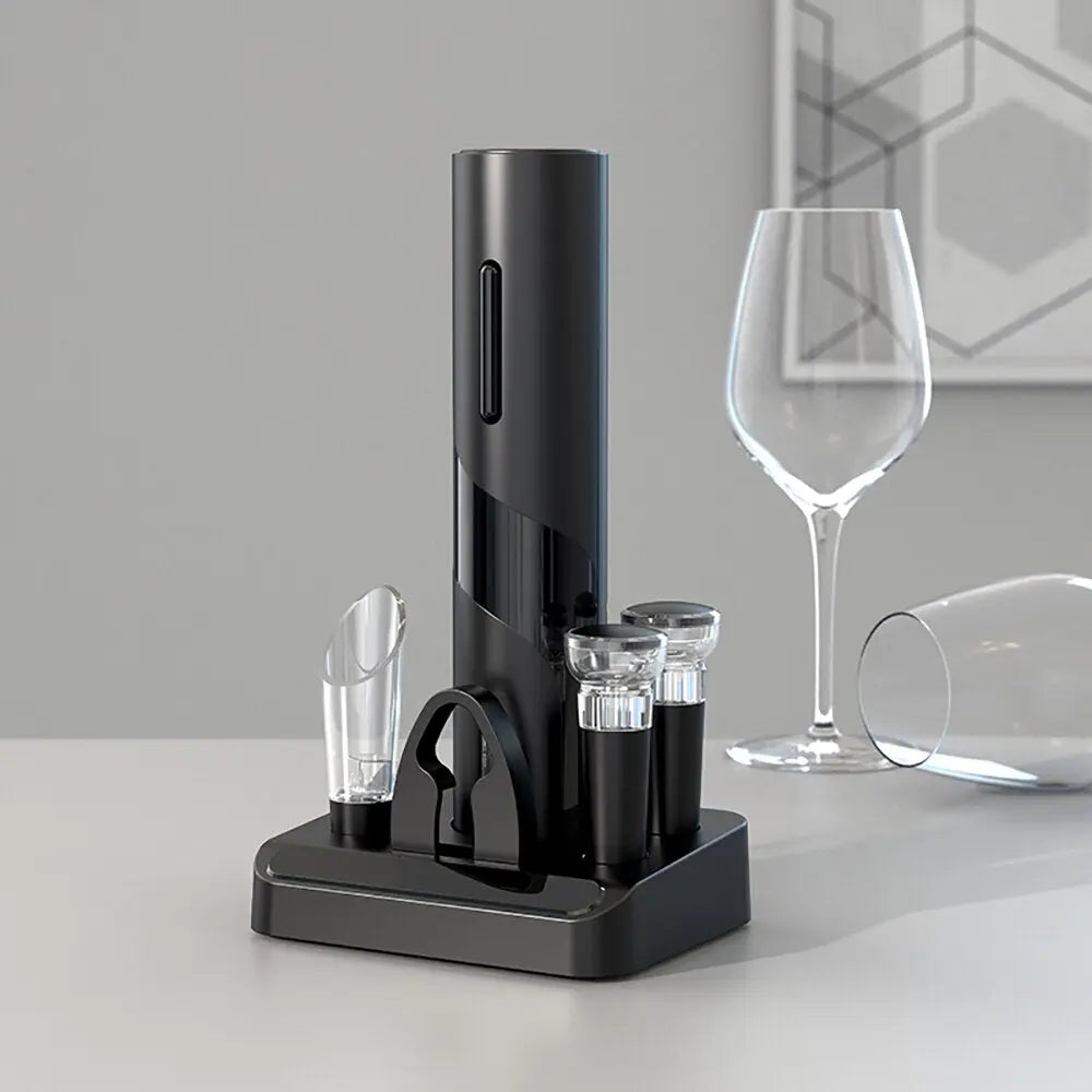 Allebuy electric wine opener set showing how to open wine with a bottle opener with accessories and wine glasses
